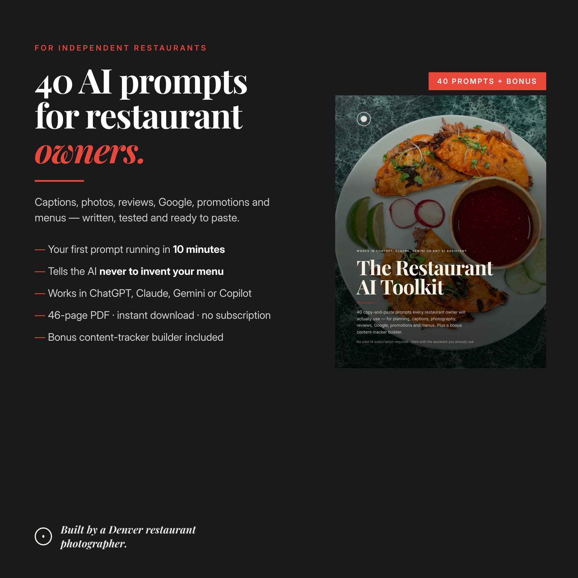 Restaurant AI Toolkit — 40 AI prompts for restaurant marketing, cover