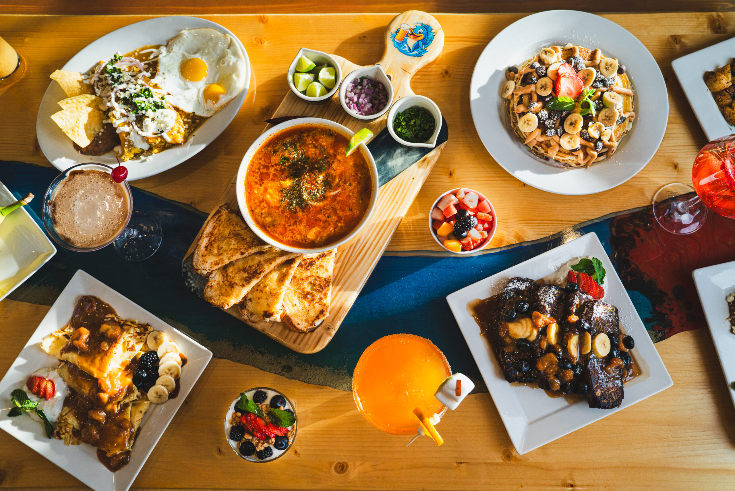 Brunch spread, overhead, Mariscos Todo El Mar — Denver food photography by AesthetiCo