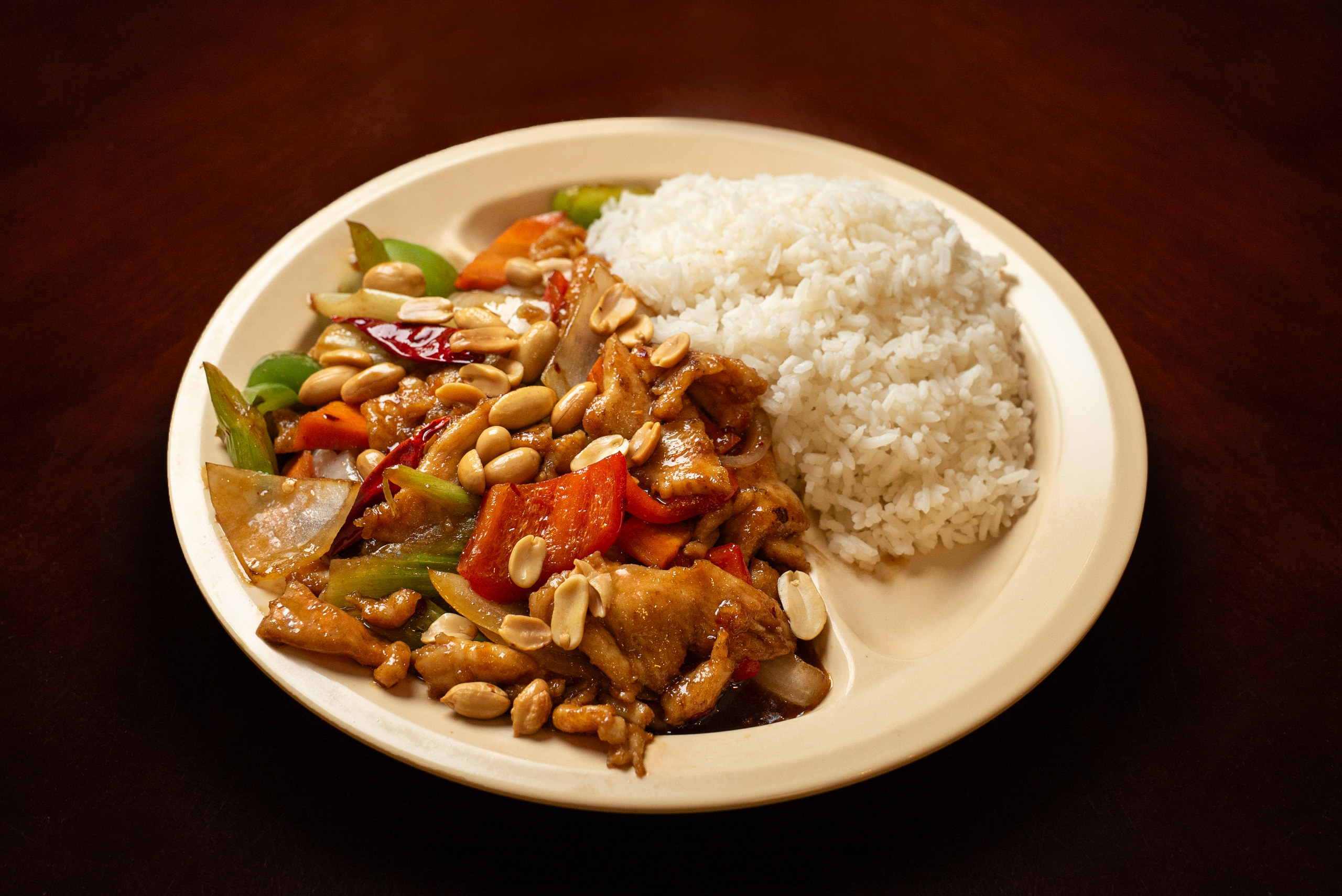 Kung pao chicken with peanuts, dried chilies and steamed rice — Denver restaurant food photography